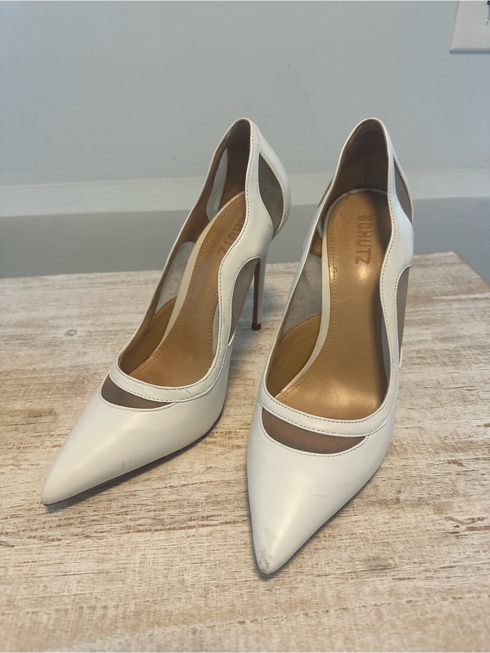 SCHUTZ White Pointed Toe Cutout Pumps